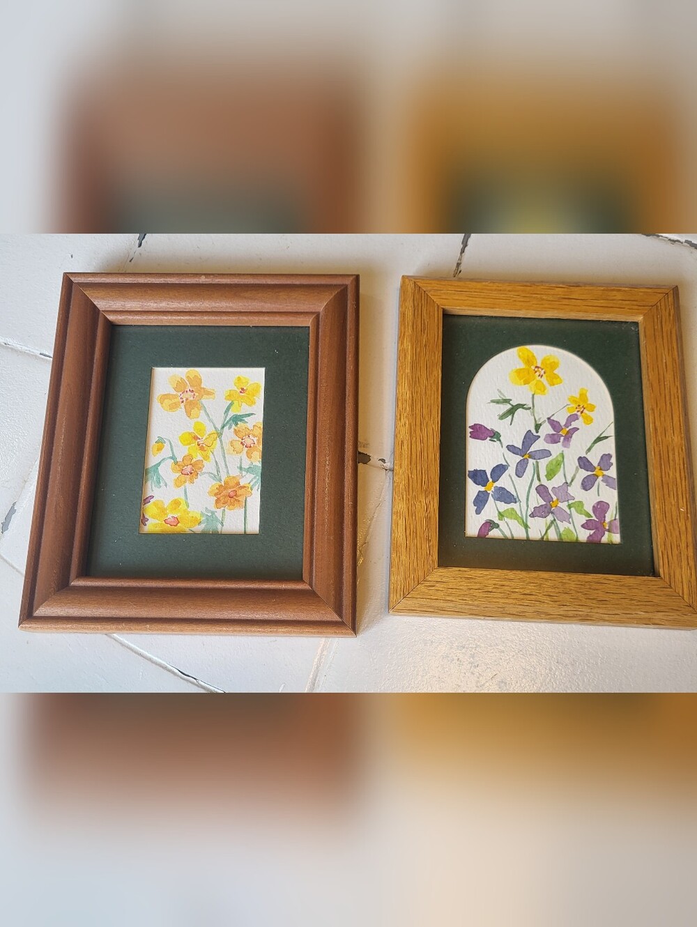 Set of 2 Small Mismatched Original Watercolor 5"x6" Flowers Violets Buttercups